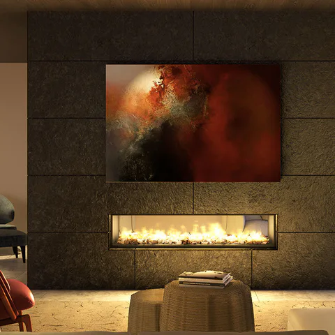 Detail rendering of the flamed black limestone dual-sided fireplace and artwork in the amenity lounge at Midtown Luxury Residences, 30 East 31 Street, New York City, interior design by Alexandra Peck Design