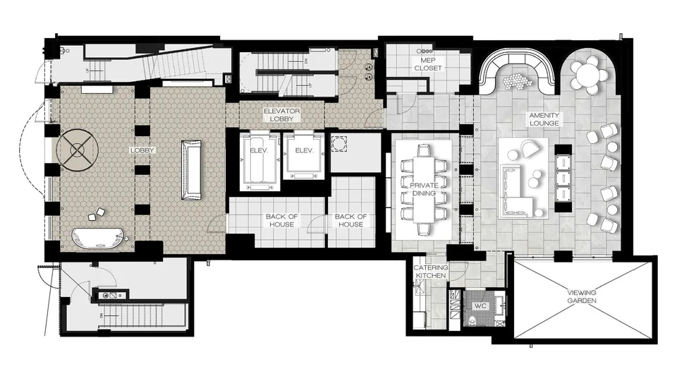 Ground floor plan with the lobby, elevator bank, amenity lounge, private dining room and catering kitchen at Midtown Luxury Residences, 30 East 31 Street, New York City, interior design by Alexandra Peck Design