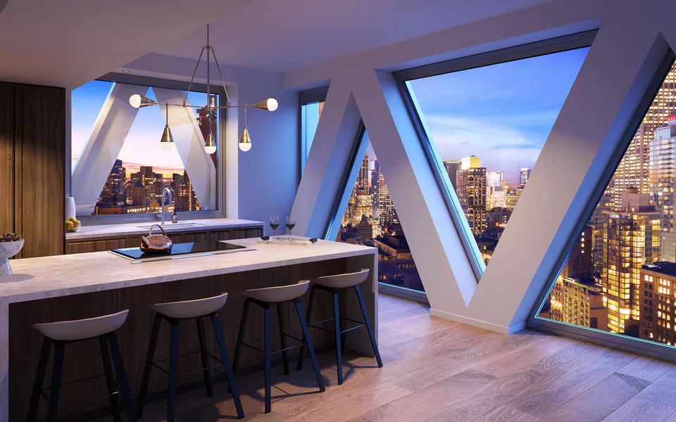 Rendering of the penthouse show kitchen with walnut cabinetry, a quartzite island and counter stools beneath the diagonal lattice windows at dusk at Midtown Luxury Residences, 30 East 31 Street, New York City, interior design by Alexandra Peck Design