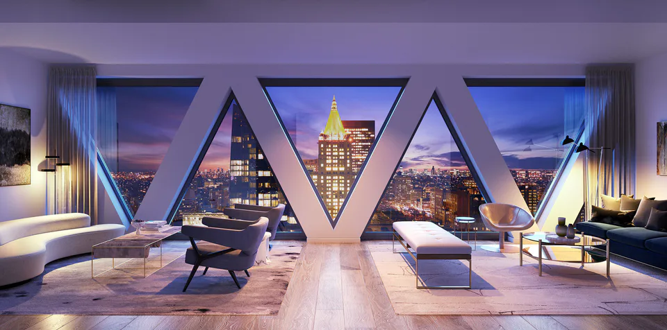 Rendering of the penthouse living room at dusk, framed by the facade’s diagonal lattice windows over NoMad, at Midtown Luxury Residences, 30 East 31 Street, New York City, interior design by Alexandra Peck Design