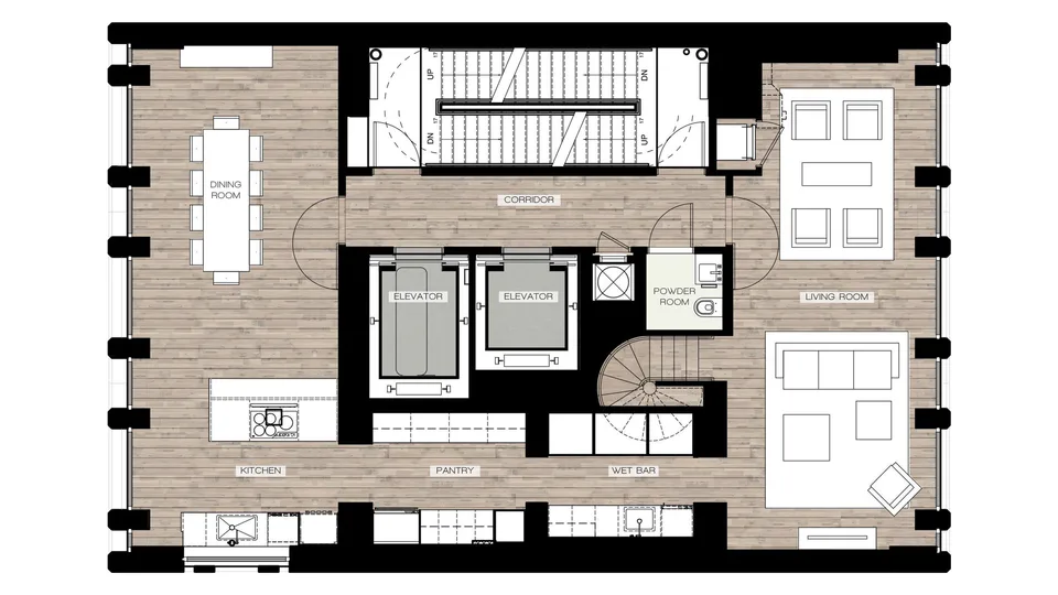 Penthouse lower level floor plan with the living room, dining room, kitchen, pantry and wet bar at Midtown Luxury Residences, 30 East 31 Street, New York City, interior design by Alexandra Peck Design