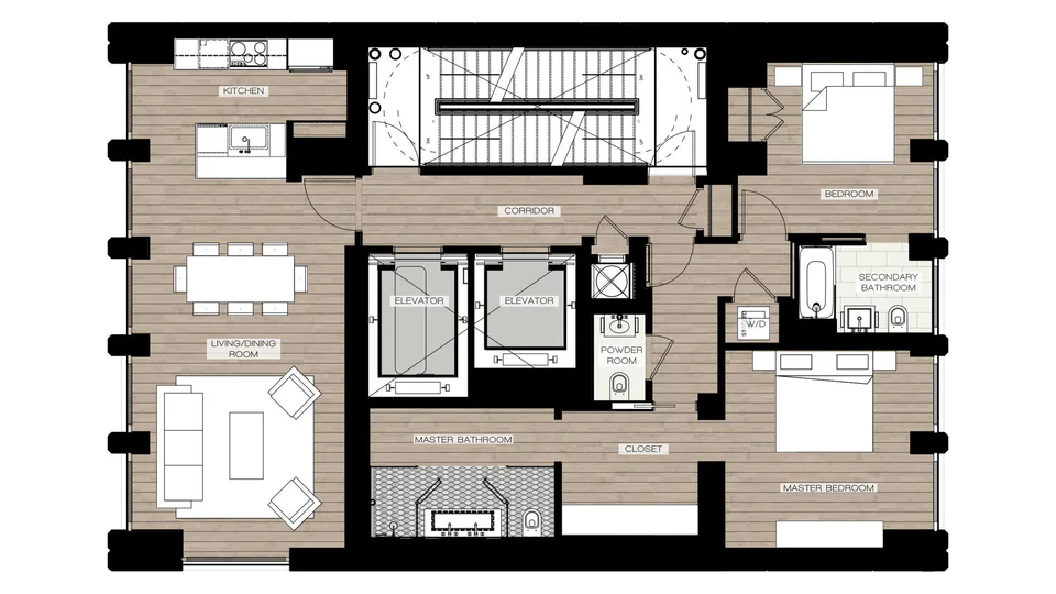 Typical two-bedroom unit floor plan at Midtown Luxury Residences, 30 East 31 Street, New York City, interior design by Alexandra Peck Design