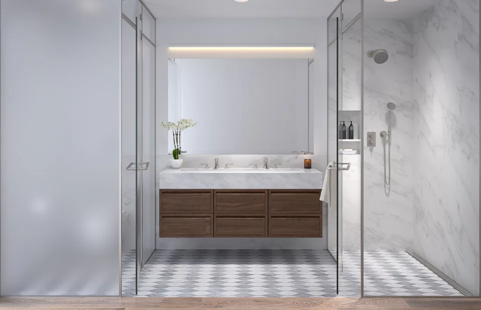 Rendering of a typical two-bedroom unit primary bathroom with marble walls, a walnut vanity and a glass shower at Midtown Luxury Residences, 30 East 31 Street, New York City, interior design by Alexandra Peck Design