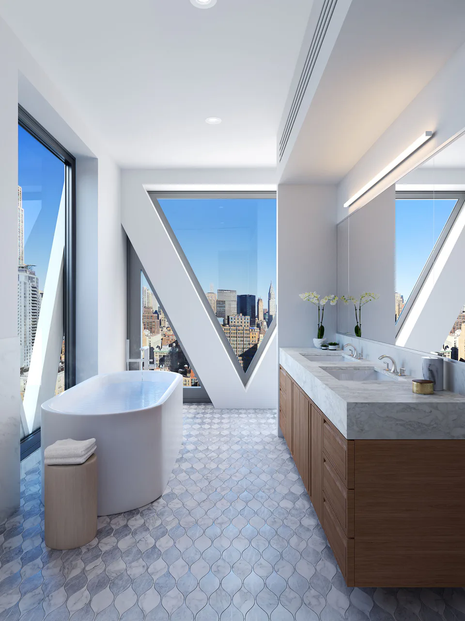 Rendering of the penthouse primary bathroom at Midtown Luxury Residences, 30 East 31 Street, New York City, with an elliptical tub, hourglass marble floor tiles and lattice windows, interior design by Alexandra Peck Design, rendering by The Neighbourhood