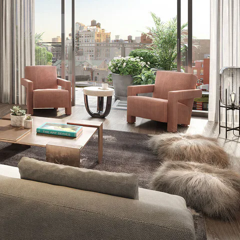 Detail rendering of the Cassina Utrecht armchairs by Gerrit Thomas Rietveld before the terrace in the great room at Nolita Luxury Penthouse, 260 Bowery Street, Nolita, New York City, interior design by Alexandra Peck Design