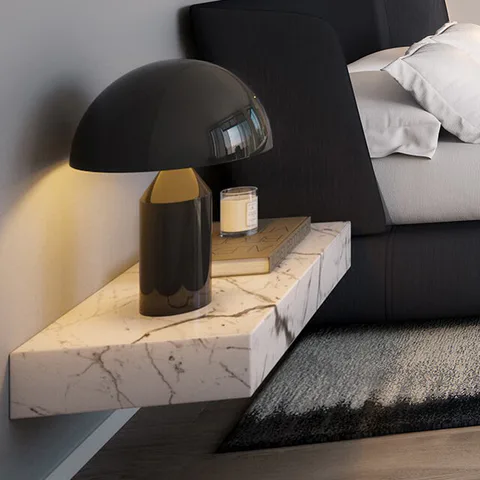 Detail rendering of the Atollo table lamp on a floating marble nightstand beside the B&B Italia bed in the primary bedroom at Nolita Luxury Penthouse, 260 Bowery Street, Nolita, New York City, interior design by Alexandra Peck Design