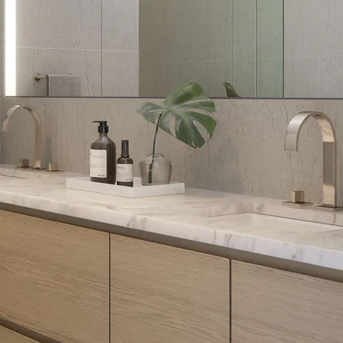Detail rendering of the wood dual vanity with Dornbracht fixtures in the primary bathroom at Nolita Luxury Penthouse, 260 Bowery Street, Nolita, New York City, interior design by Alexandra Peck Design