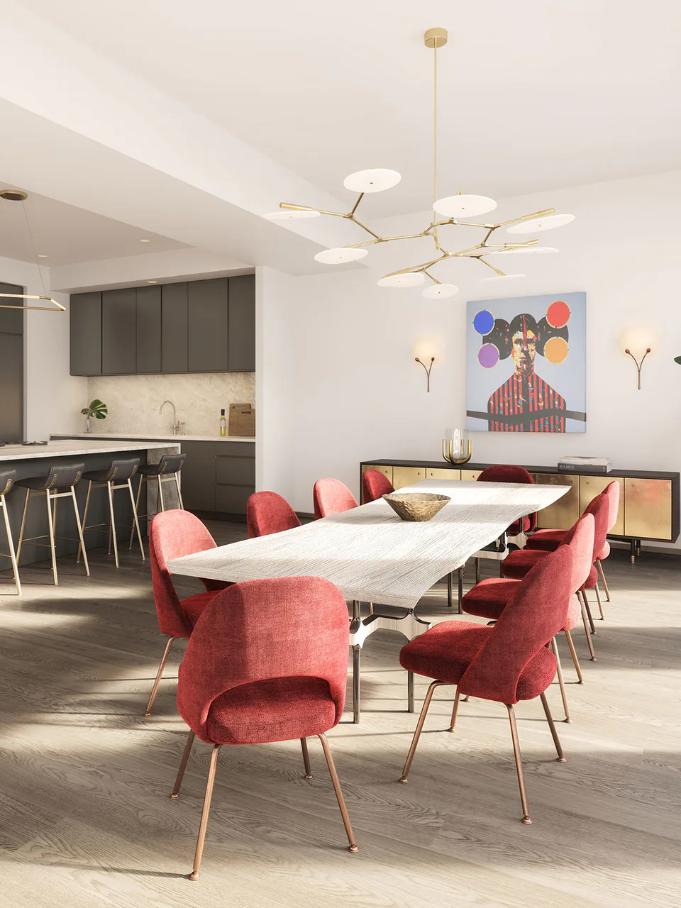 Rendering of the penthouse dining room with red upholstered chairs and a sculptural brass chandelier at Nolita Luxury Penthouse, 260 Bowery Street, Nolita, New York City, interior design by Alexandra Peck Design