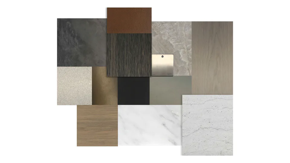 Overall material palette of stone, wood and metal finishes for Nolita Luxury Penthouse, 260 Bowery Street, Nolita, New York City, interior design by Alexandra Peck Design