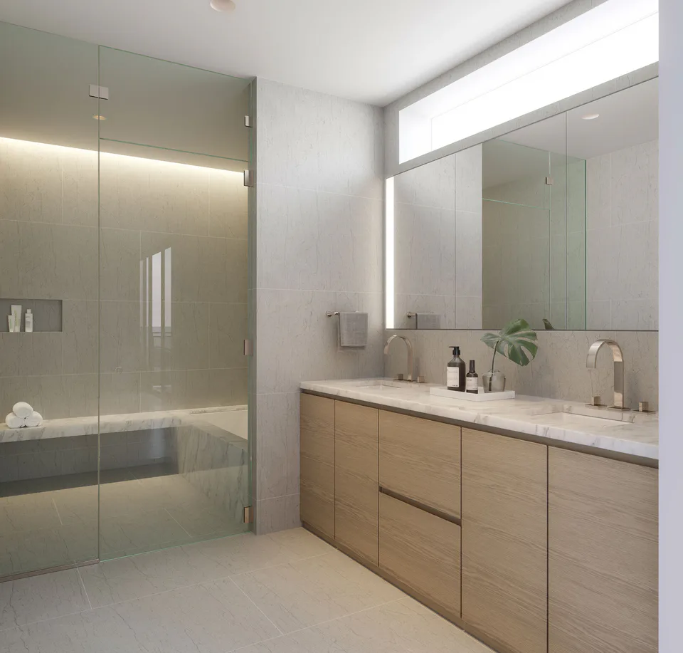 Rendering of the primary bathroom with flamed limestone walls and floor, a glass steam shower and a wood dual vanity with Dornbracht fixtures at Nolita Luxury Penthouse, 260 Bowery Street, Nolita, New York City, interior design by Alexandra Peck Design