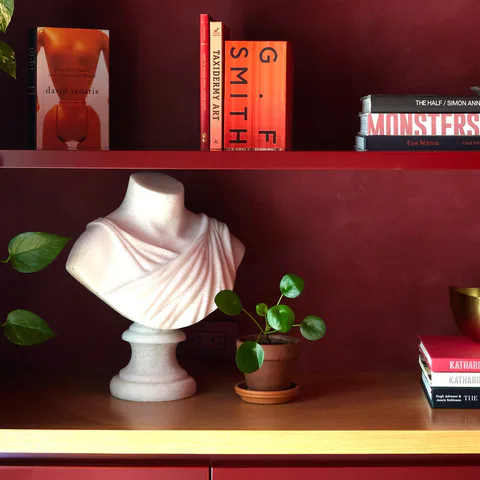 Detail of a classical bust and collected objects on the lacquered burgundy shelves in the library at the Prospect Heights Brownstone, Brooklyn, New York, interior design by Alexandra Peck Design