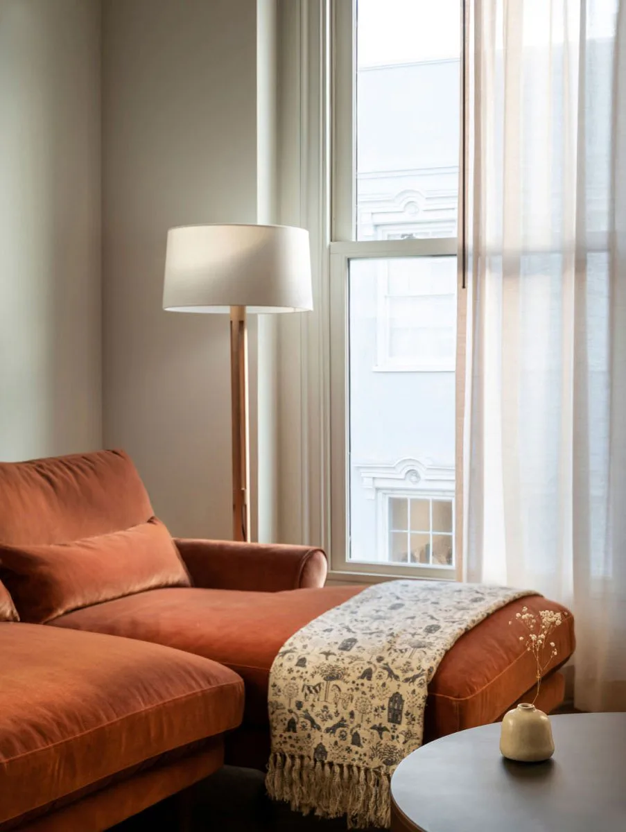 Rust velvet sofa with a printed throw and a floor lamp by the window in a living room at The Pinch Hotel, Charleston, South Carolina, interior design by Alexandra Peck Design